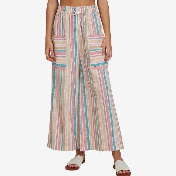 NWT Roxy Drifting Shorelines Striped Wide Leg Crop Trouser Linen Pants - Picture 2 of 10